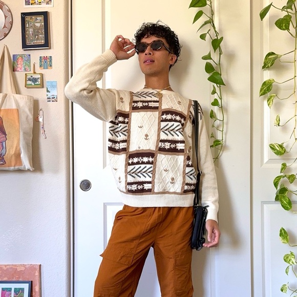 Vintage Cream & Brown Fall Sweater - Picture 1 of 6